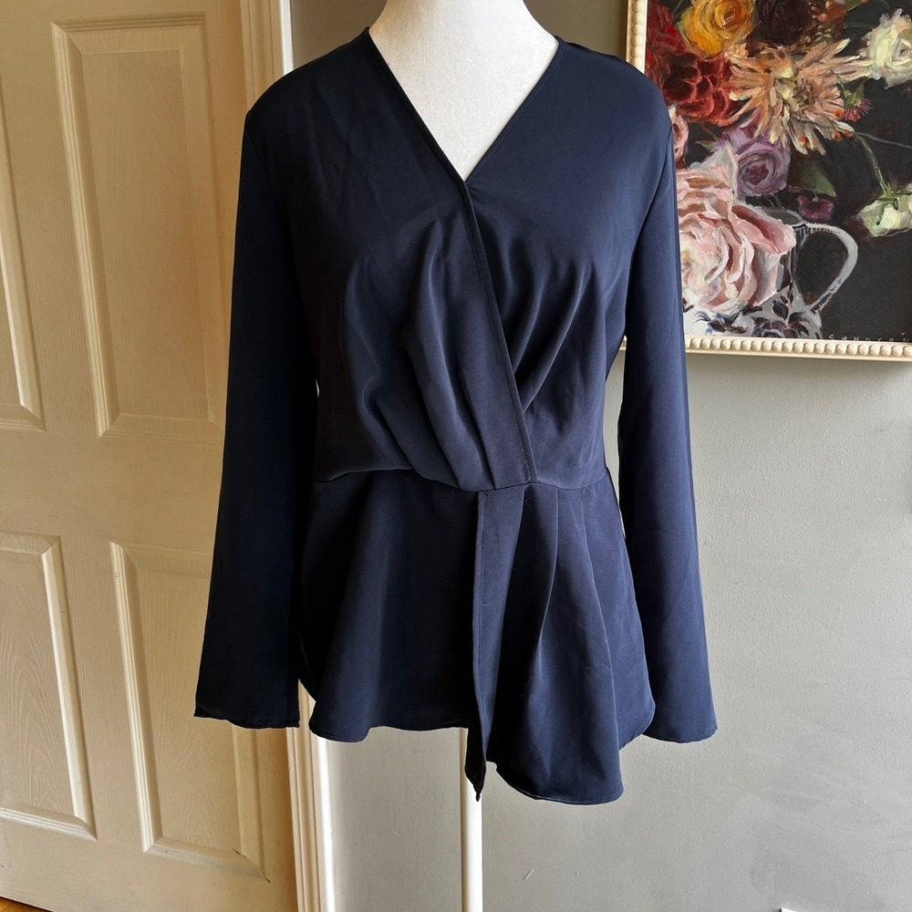 Halston Long Sleeve Peplum Top Navy Blue Surplice V-Neck Career Blouse Minimal